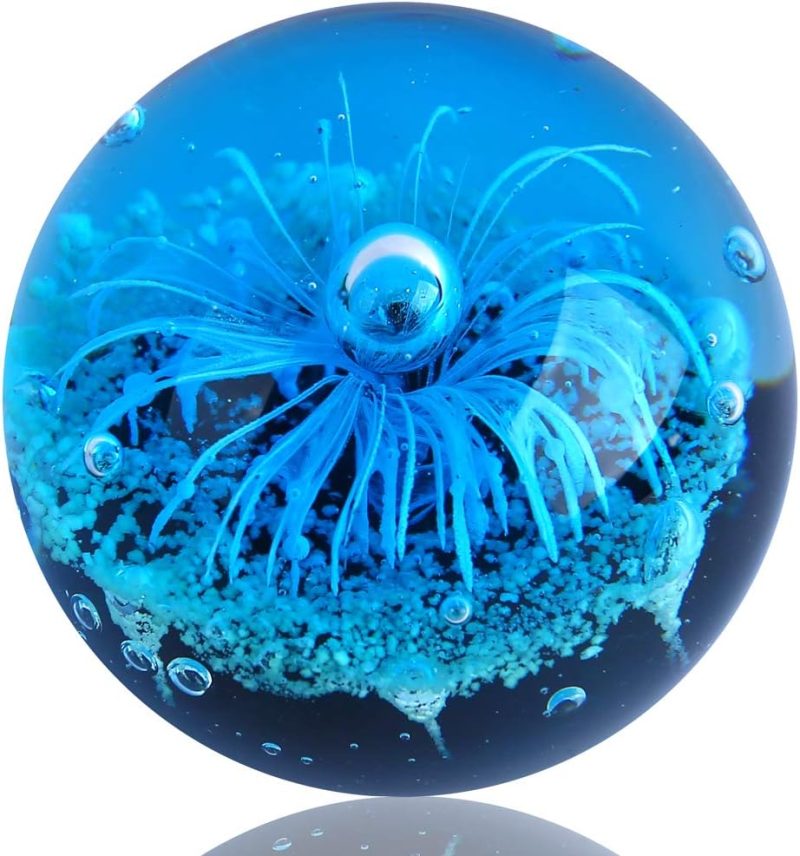 Blue Hand Blown Glass Anemones Sculpture, 3.15x3.15x3.15 inches, 1.52 lbs, Paperweight, Fish Tank Ornament, Figurine Gift Box,