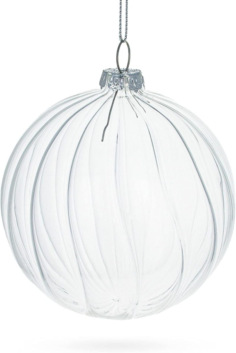 Elegant Set of 3 Striped Clear Blown Glass Ball Christmas Ornaments 3.5 Inches - Image 2