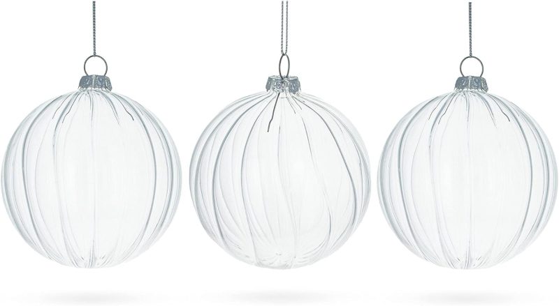 Elegant Set of 3 Striped Clear Blown Glass Ball Christmas Ornaments 3.5 Inches