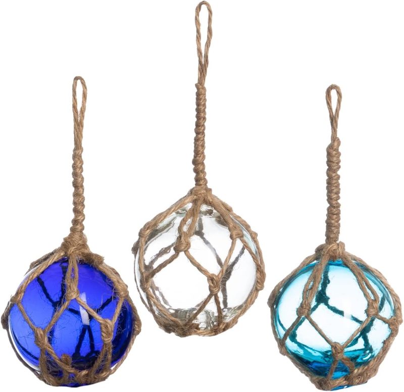 3 Pack of 2" Aqua, Cobalt and White Hand Blown Glass Balls with Rope - Japanese Glass Floats - Fishing Float Decor - Nautical
