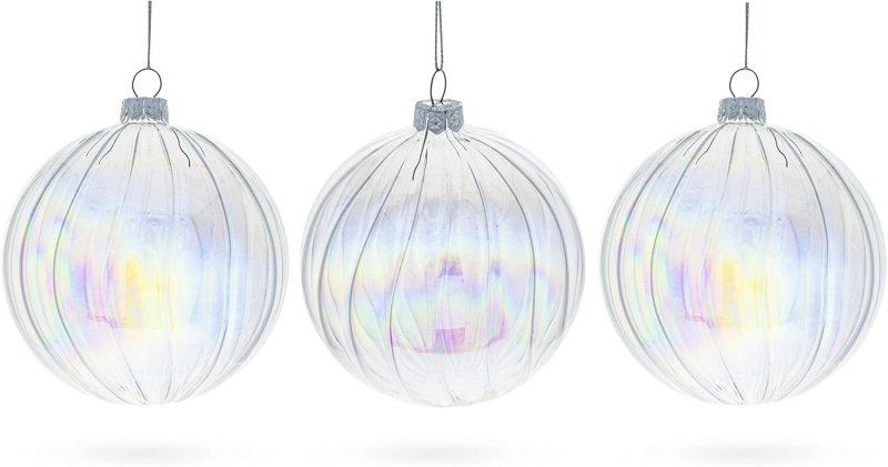 Set of 3 Iridescent Clear Blown Glass Ball Christmas Ornaments 3.6 Inches