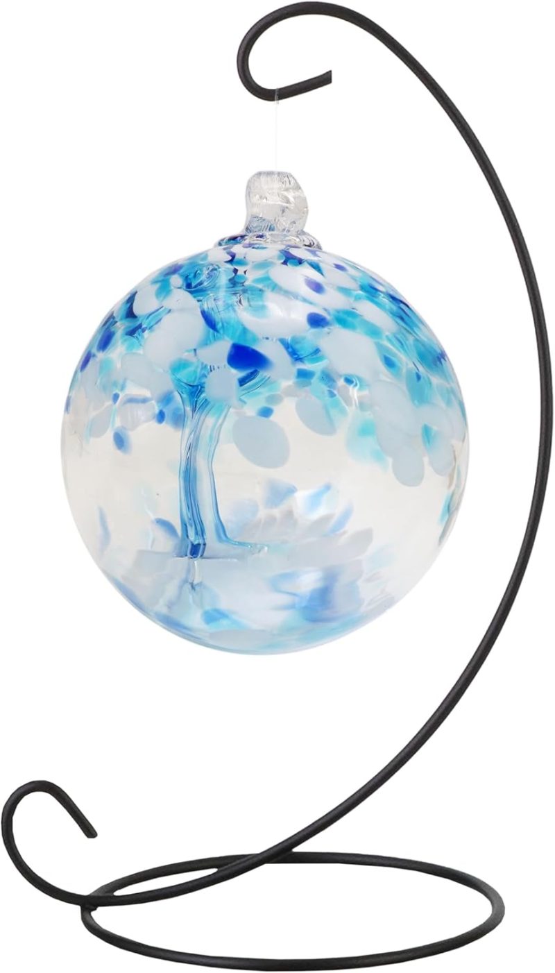 Rainbow Tree of Life Hand Blown Art Glass Ornament Witch Globe Gazing Ball, Aqua, 3" Diameter with Hanging Stand
