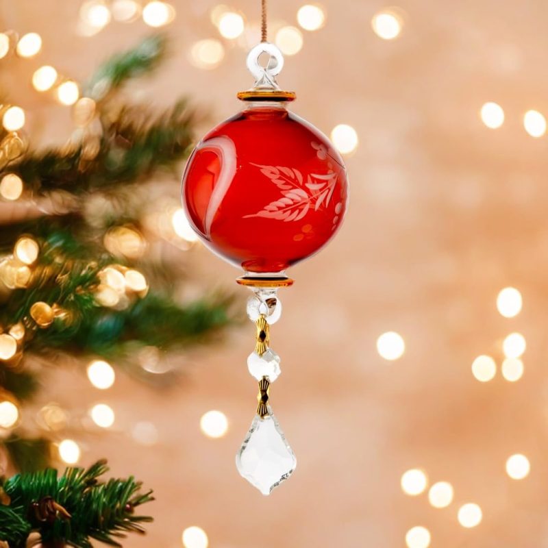 Blown Glass Red Christmas Ball Ornaments with Gold Accents, Crystal Drop – Handmade Hanging Glass Ornaments with Engraved Design – Glass Holiday Décor for Tree, New Year Gifting – Christmas Ornaments - Image 2