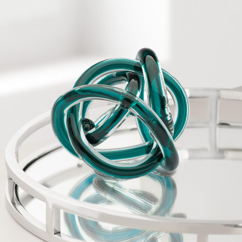 Hand Blown Glass Infinity Knot Sculpture - 4.5 Inch Glass Art Teal Knot Decor Ball for H, Small Centerpiece Table Decoration for Home Interior (Clear Teal) - Image 2