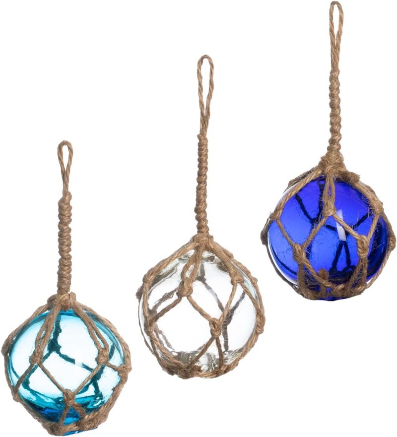 3 Pack of 2" Aqua, Cobalt and White Hand Blown Glass Balls with Rope - Japanese Glass Floats - Fishing Float Decor - Nautical - Image 2