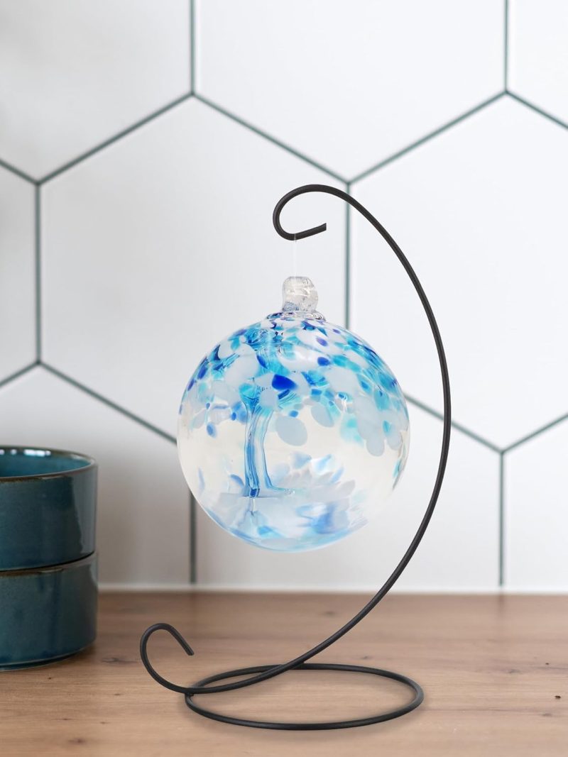Rainbow Tree of Life Hand Blown Art Glass Ornament Witch Globe Gazing Ball, Aqua, 3" Diameter with Hanging Stand - Image 2