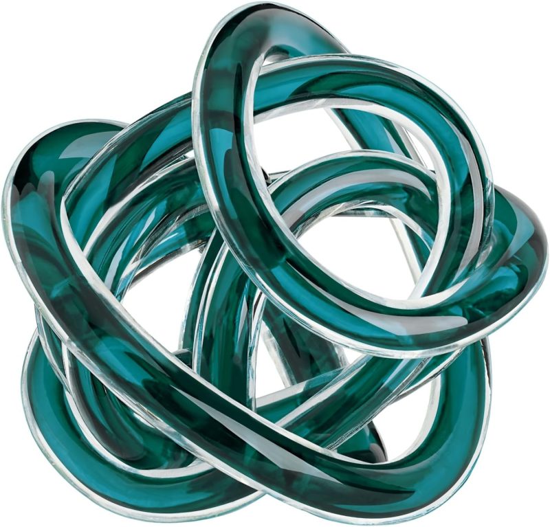 Hand Blown Glass Infinity Knot Sculpture - 4.5 Inch Glass Art Teal Knot Decor Ball for H, Small Centerpiece Table Decoration for Home Interior (Clear Teal)