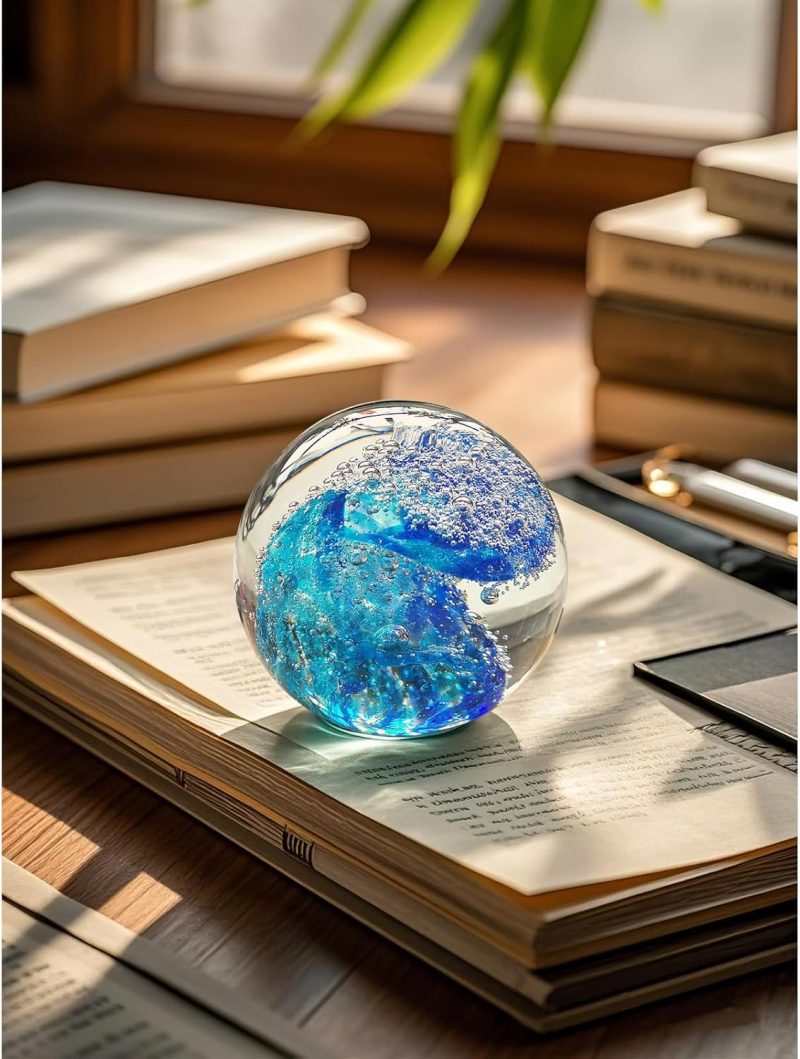 Hand Blown Glass Decorative Balls：Unique Ocean Wave Design, Elegant Paperweights for Office Desk, Coastal Room Decor, Beach Bathroom Decor, Sea Glass Art, Ocean Gift Idea （Blue） - Image 2