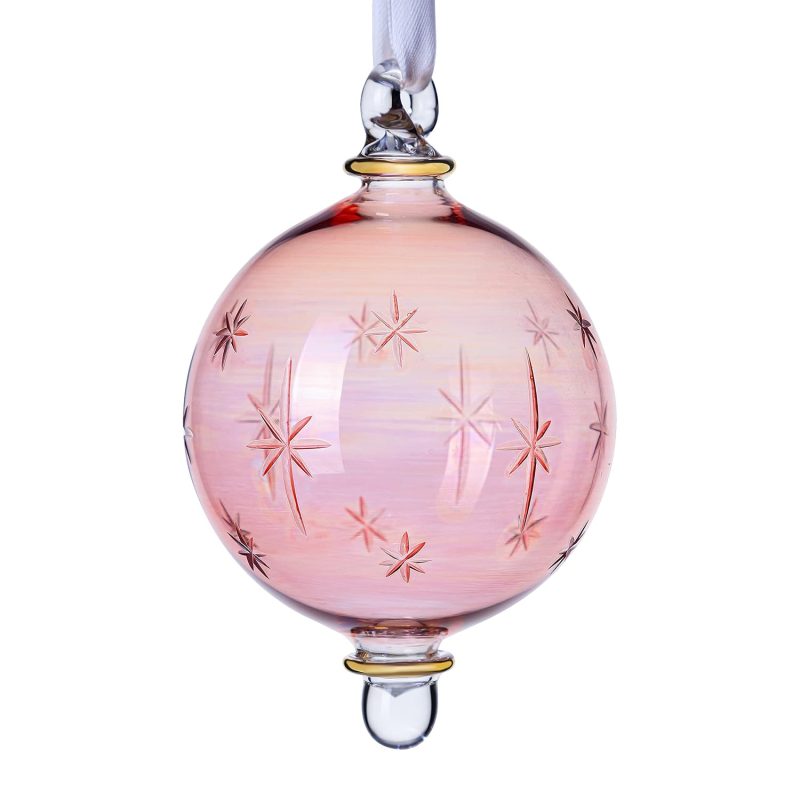Blown Glass Ornament | Iridescent Pink Hanging Christmas Ball Ornaments with Star Engraving | Handmade Holiday Decoration | Glass Bauble for Christmas | Hand-Blown Glass Ball Ornament with Gold Accent - Image 2