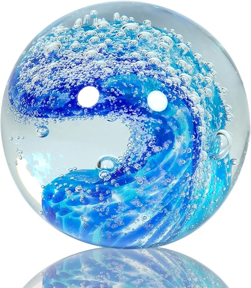 Hand Blown Glass Decorative Balls：Unique Ocean Wave Design, Elegant Paperweights for Office Desk, Coastal Room Decor, Beach Bathroom Decor, Sea Glass Art, Ocean Gift Idea （Blue）