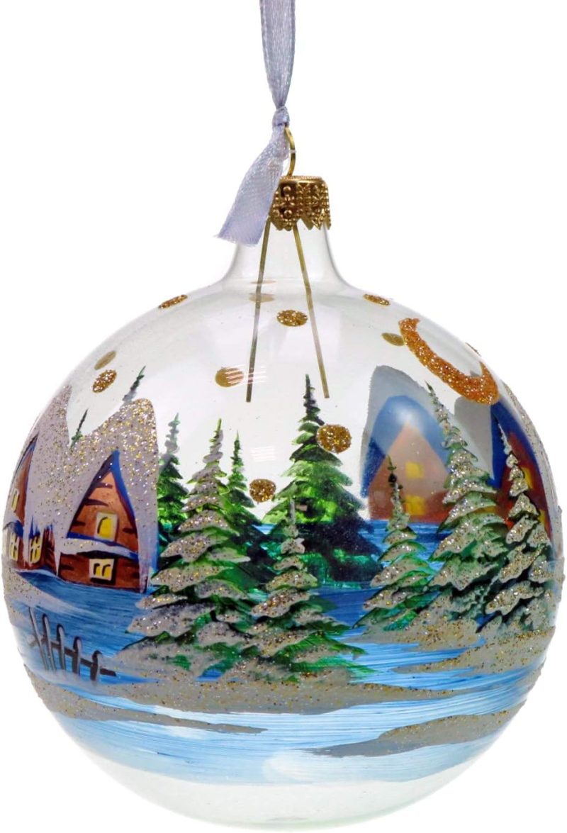 4" Christmas Tree Glass Ball, Christmas Landscape on Transparent Background, Hand-Blown, Painted by Artisan Exclusive Christmas Ornaments, Individually Packed. EA - Image 2