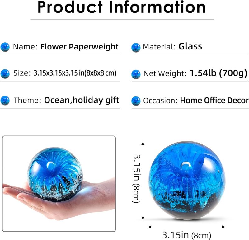 Blue Hand Blown Glass Anemones Sculpture, 3.15x3.15x3.15 inches, 1.52 lbs, Paperweight, Fish Tank Ornament, Figurine Gift Box, - Image 2