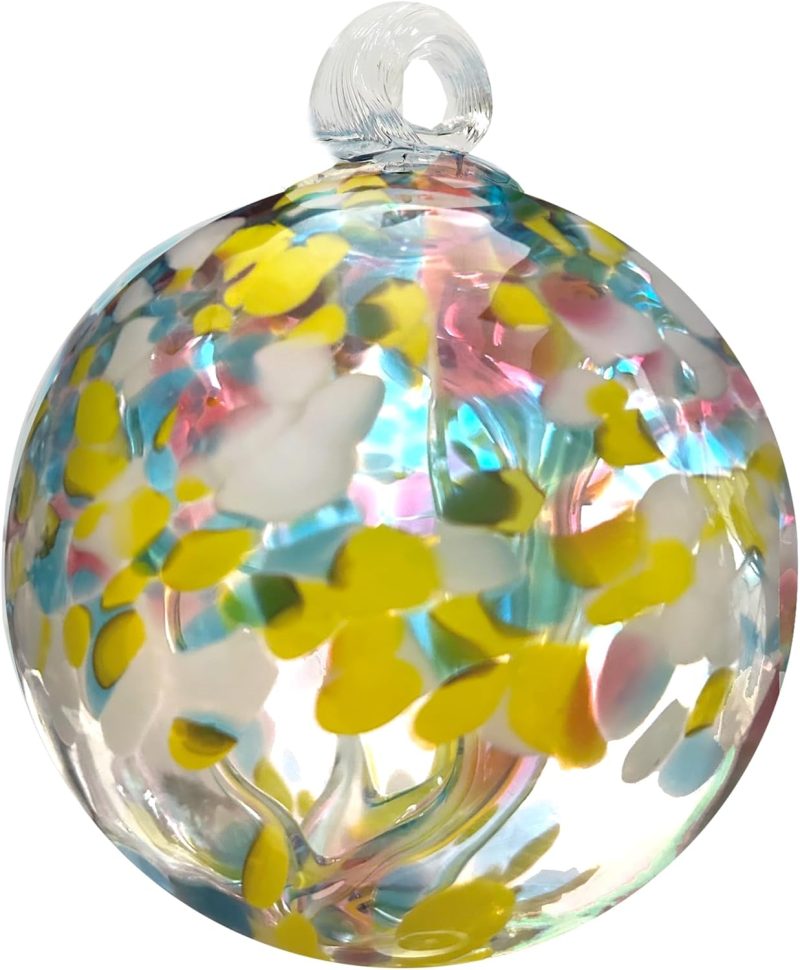 Hand Blown Glass, 3" Diameter Spring, Tree of Life Collection, Witch Globe Hanging Garden Indoor/Outdoor Decorative Ornament Gazing Ball