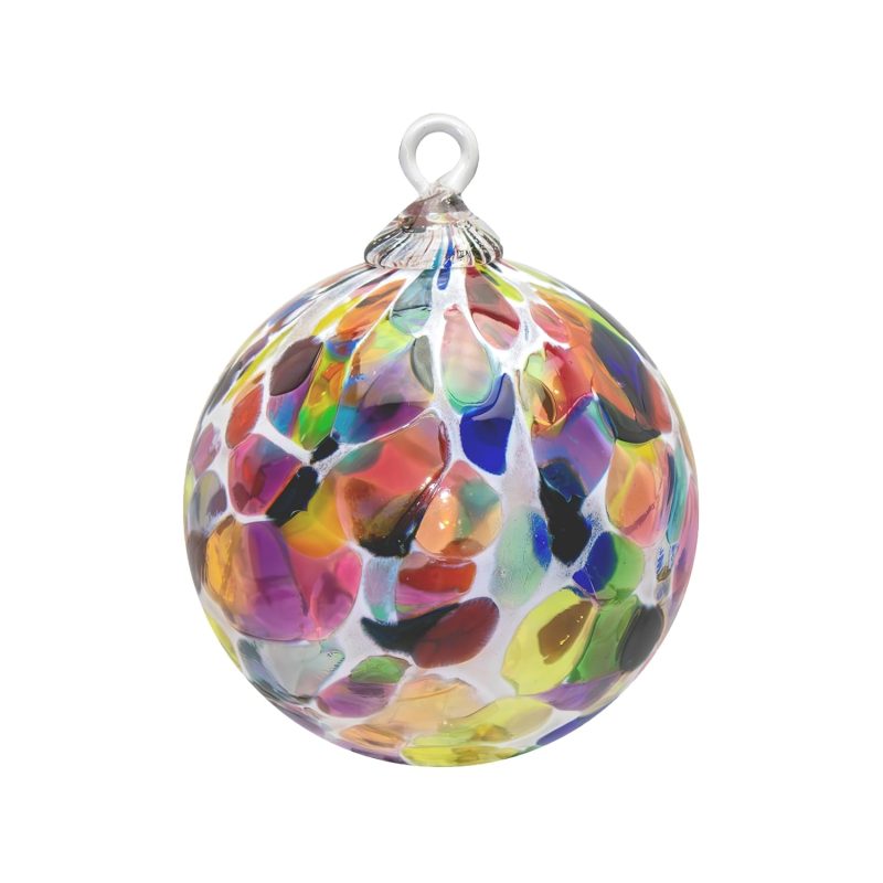 Ornament, Handmade Blown Glass, Hanging Tree Holiday Décor, Sun Catcher, Witches Ball, Gazing Orb, Friendship Keepsake, Window Color. (Rainbow Magic Mix White Powder)