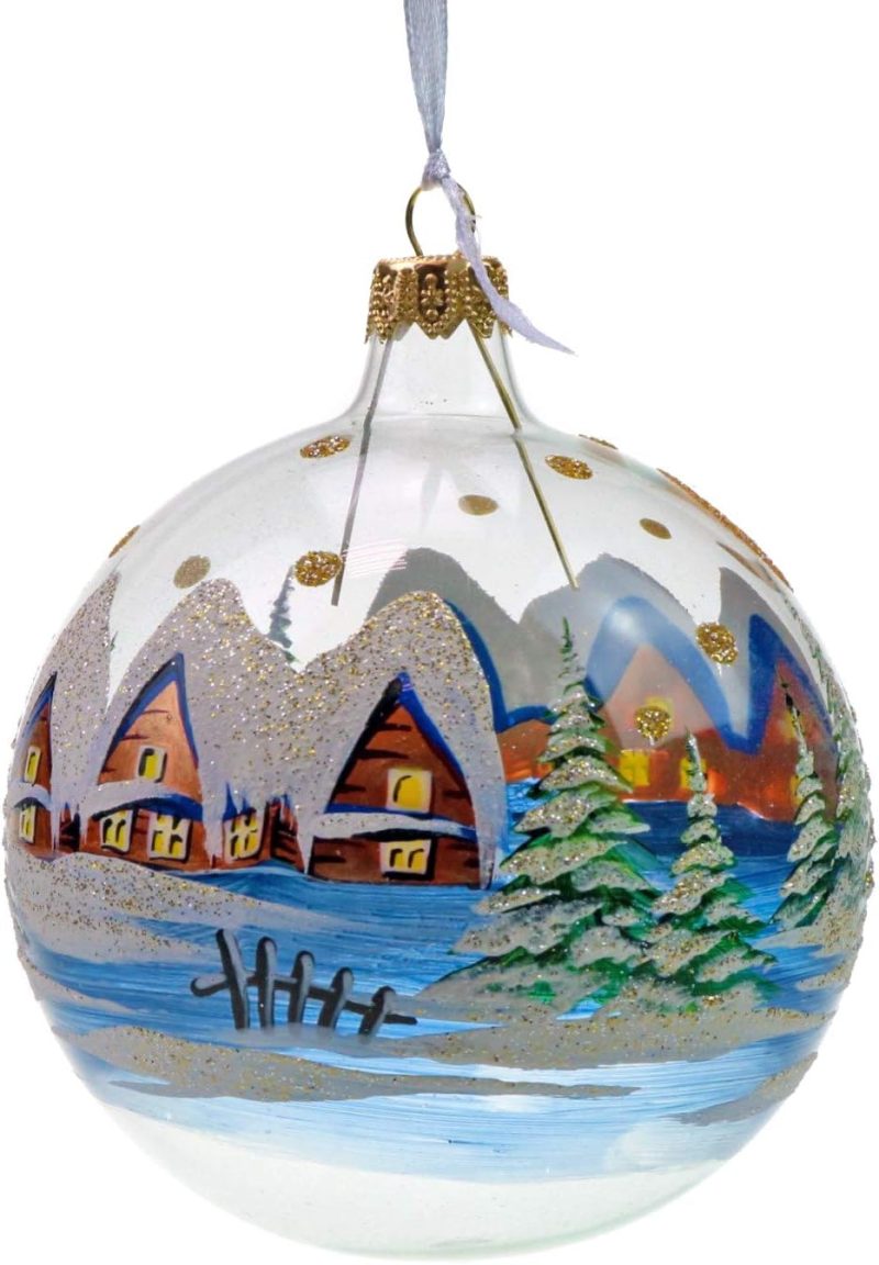 4" Christmas Tree Glass Ball, Christmas Landscape on Transparent Background, Hand-Blown, Painted by Artisan Exclusive Christmas Ornaments, Individually Packed. EA