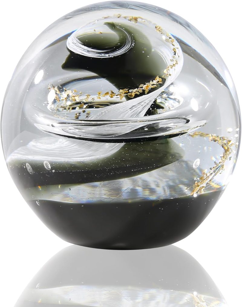 3.15in Abstract Galaxy Glass Ball Paperweight Blown Glass Art Modern Black and White Decorative Accent for Office, Shelf, and Table Top