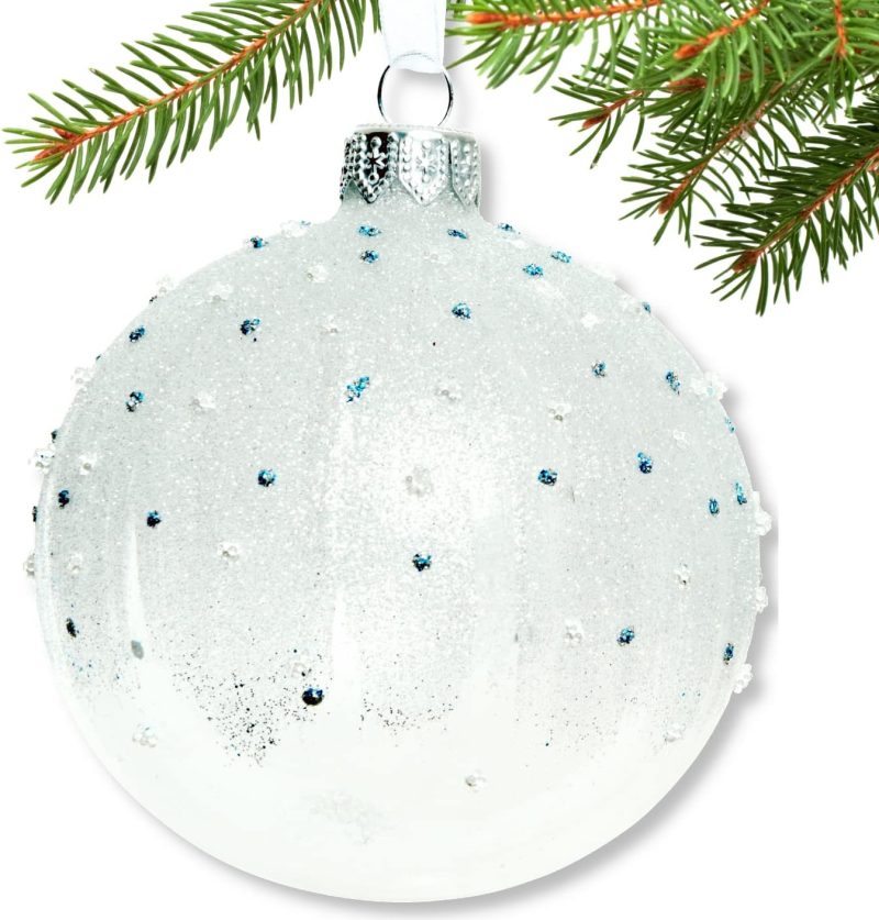 Blue and White Blown Glass Ornaments - Set of 2 Clear and White Glass Balls