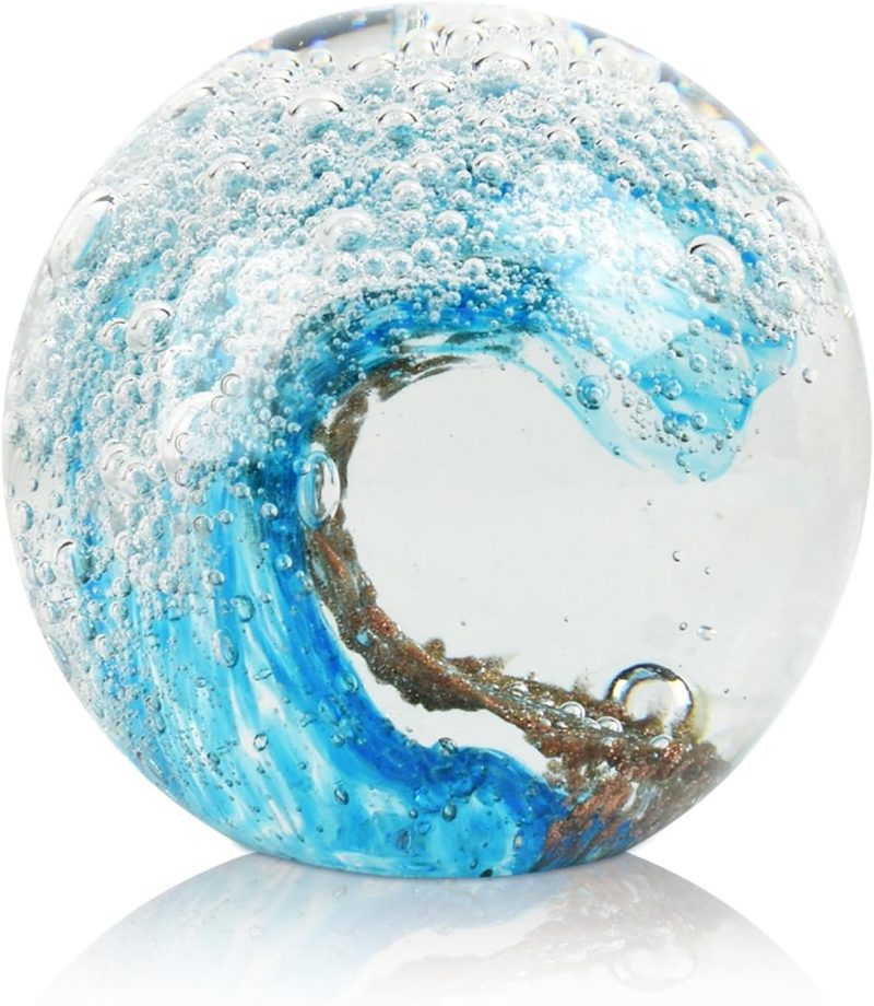 Hand Blown Glass Ocean Wave Figurines Ball, Blue Gold Ocean Paperweight, Home Office Decor