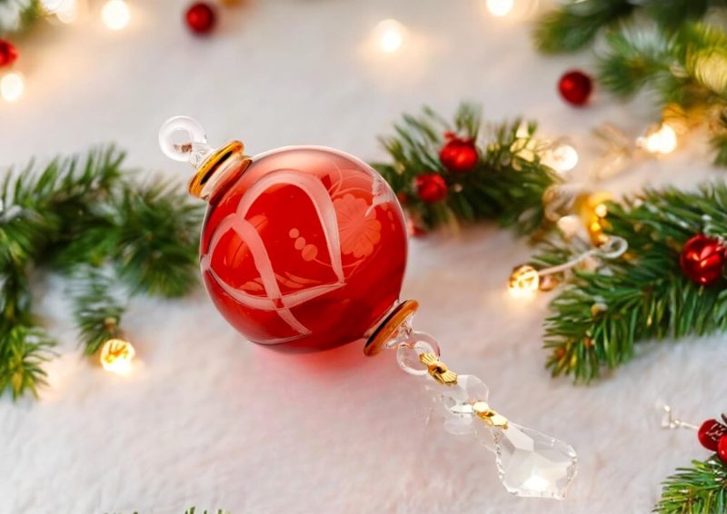 Blown Glass Red Christmas Ball Ornaments with Gold Accents, Crystal Drop – Handmade Hanging Glass Ornaments with Engraved Design – Glass Holiday Décor for Tree, New Year Gifting – Christmas Ornaments
