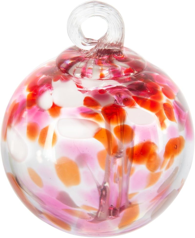 Hand Blown Glass, 4" Diameter Blush, Tree of Life Collection, Witch Globe Hanging Garden Indoor/Outdoor Decorative Ornament Gazing Ball