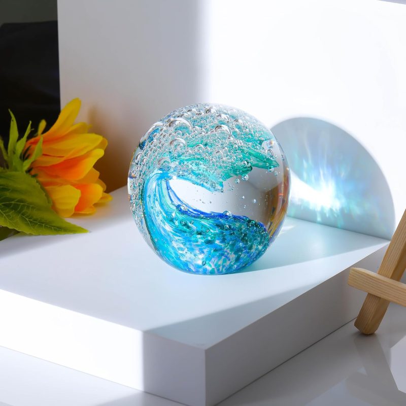 Hand Blown Ocean Waves Crystal Ball - Glass Collectible Figurines Spere - Paperweight Glass Ball Aquarium DecorOffice Decor Ocean Lovers - Image 2