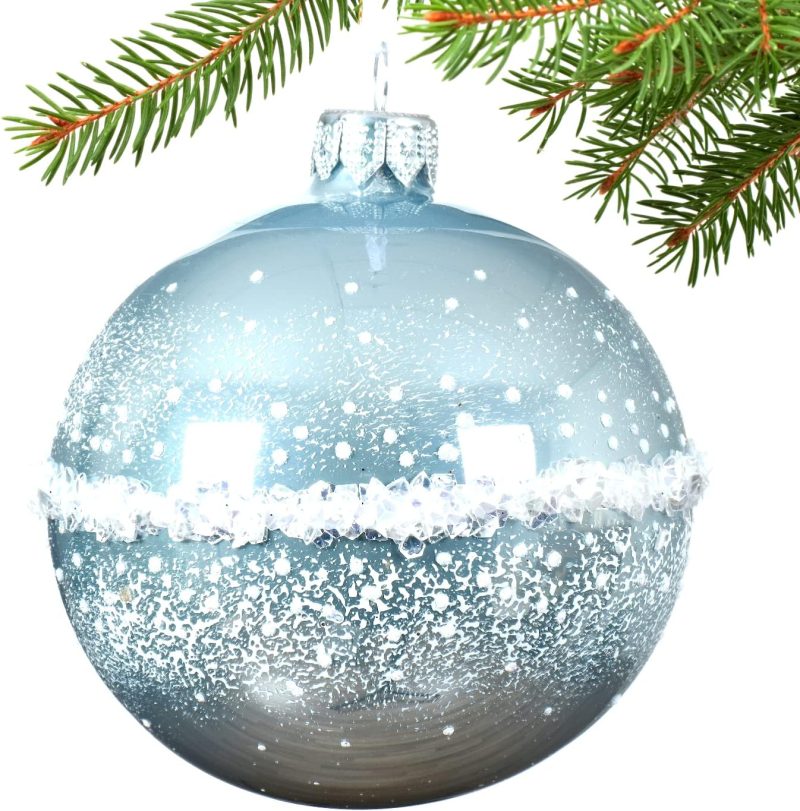 Blown Glass Ornaments - European Hand Decorated Set of 3 Blue, Green, and Silver Glass Balls - Image 2