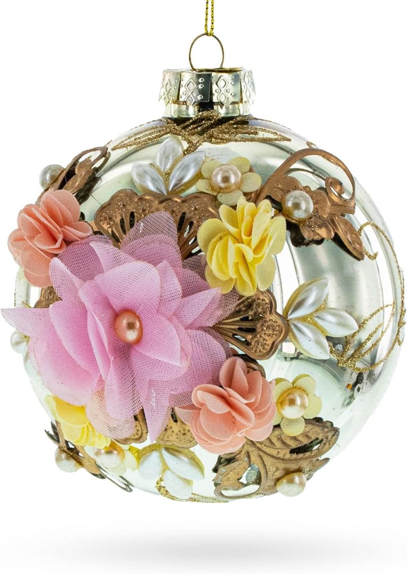 Fabric Flowers on Glass Ball Artistic Blown Glass Christmas Ornaments Ornament