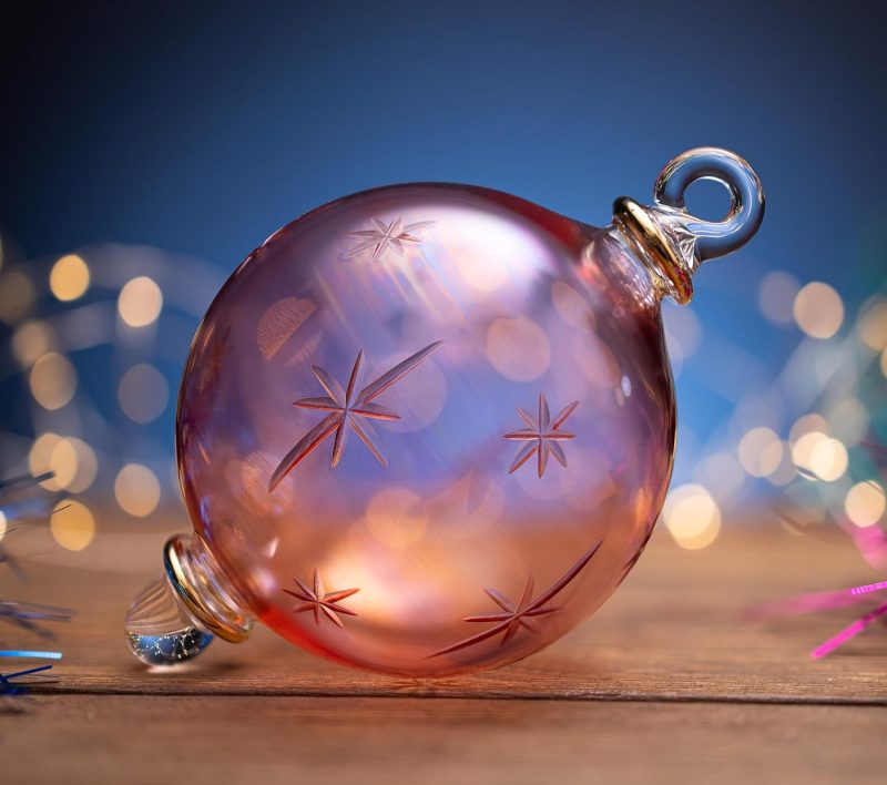 Blown Glass Ornament | Iridescent Pink Hanging Christmas Ball Ornaments with Star Engraving | Handmade Holiday Decoration | Glass Bauble for Christmas | Hand-Blown Glass Ball Ornament with Gold Accent