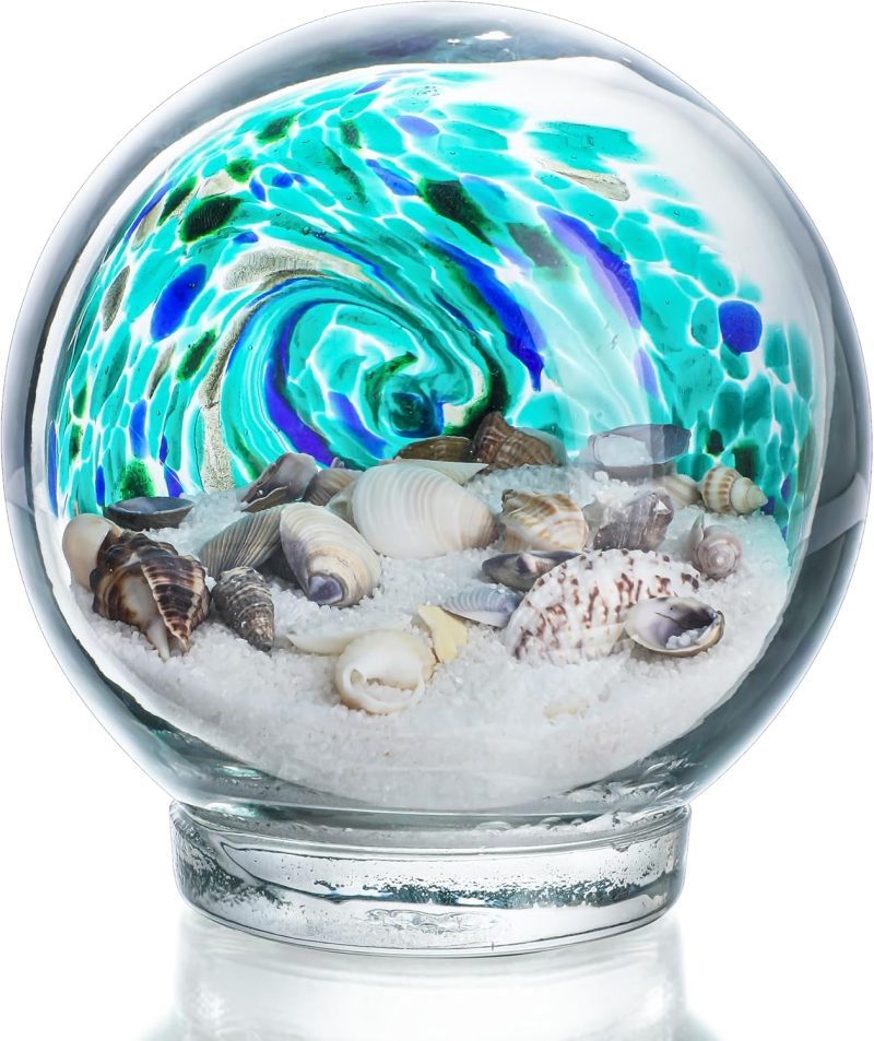 4'' Sea Globe Hand Blown Art Glass Decor Collectible Glass Decorative Balls with Natural Sea Shell and Sand, Lake Green