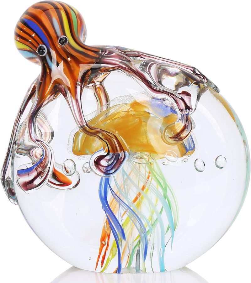 Hand Blown Glass Octopus and Jellyfish Statues Colorful Marine Animal Art Sculptures, Paperweights for , Aquariums, Office Desks Ideal Christmas and Birthday Gifts (B)