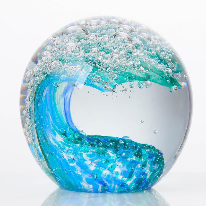 Hand Blown Ocean Waves Crystal Ball - Glass Collectible Figurines Spere - Paperweight Glass Ball Aquarium DecorOffice Decor Ocean Lovers