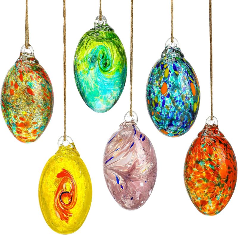 6PCS Hand Blown Glass Egg Ornaments Colorful Hanging Witch Balls Gazing Ball Friendship Ball Decor for Garden Patio Window